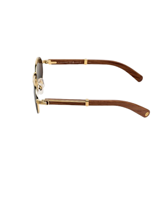 Cartier Zonnebril Bruine Glazen, Goude Houten Montuur