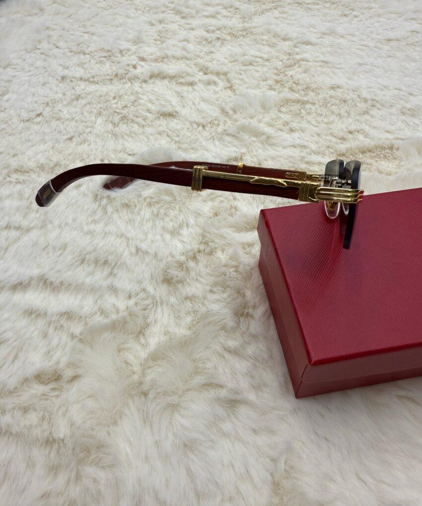 Cartier Zonnebril Donker Blauwe Glazen, Goude Houten Montuur - Afbeelding 4