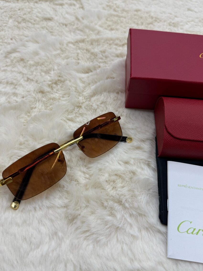 Cartier Zonnebril Bruine Grote Glazen, Goude Montuur