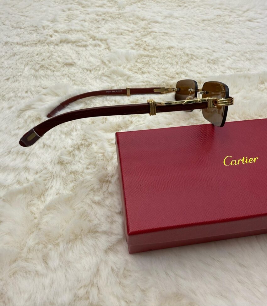 Cartier Zonnebril Bruine Glazen, Goude Houten Montuur - Afbeelding 3
