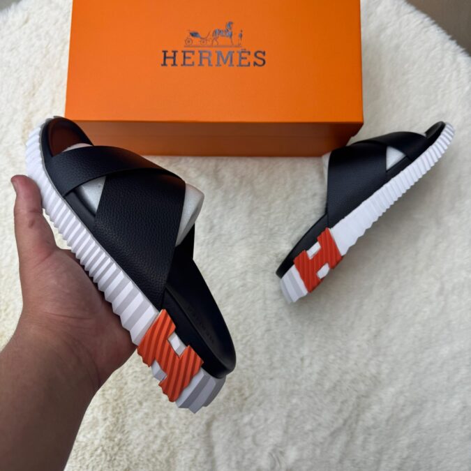 Hermes Infra Slippers Black Oranje Logo - 45