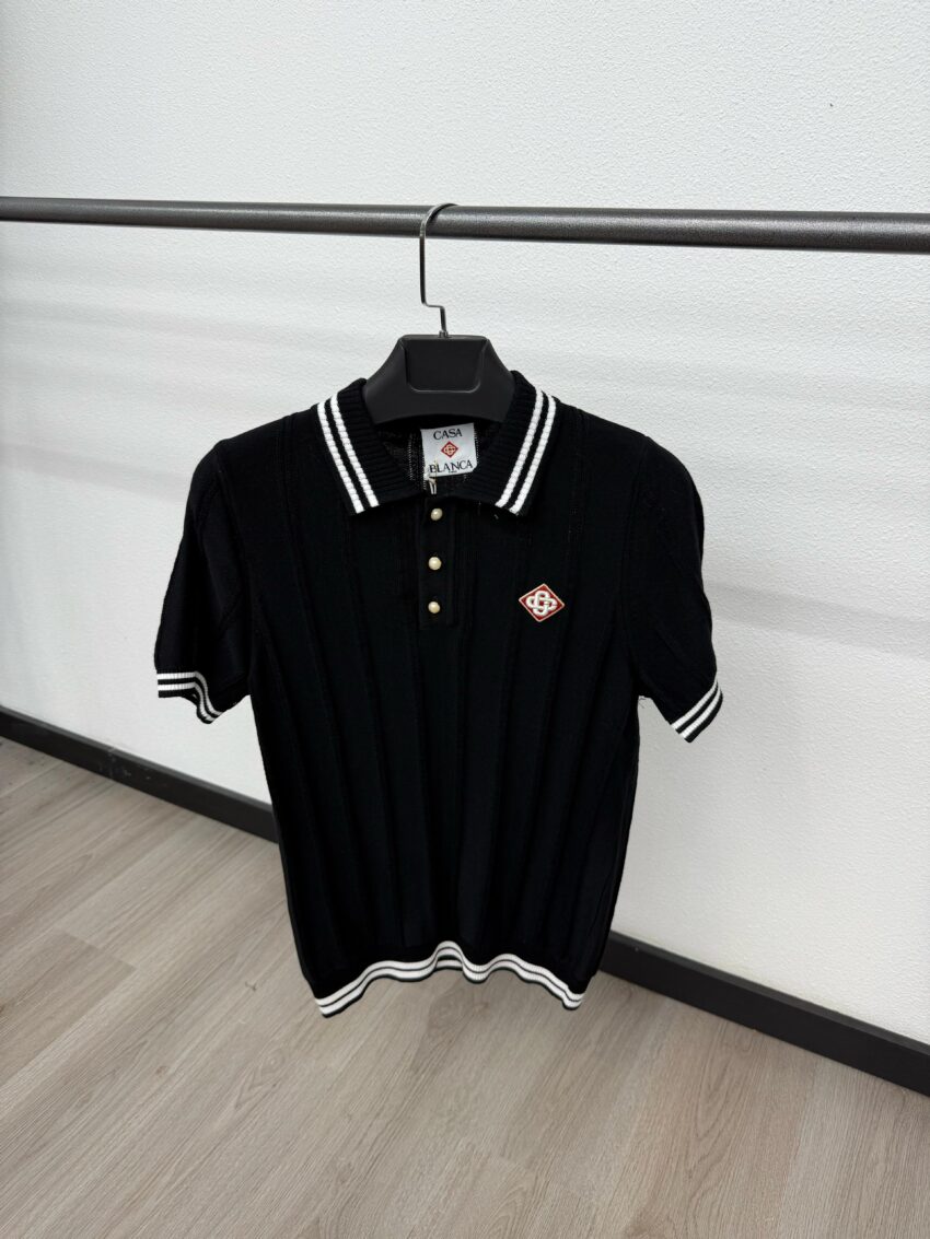 Casablanca Polo Small Logo Black Kraag Witte lijnen Brei