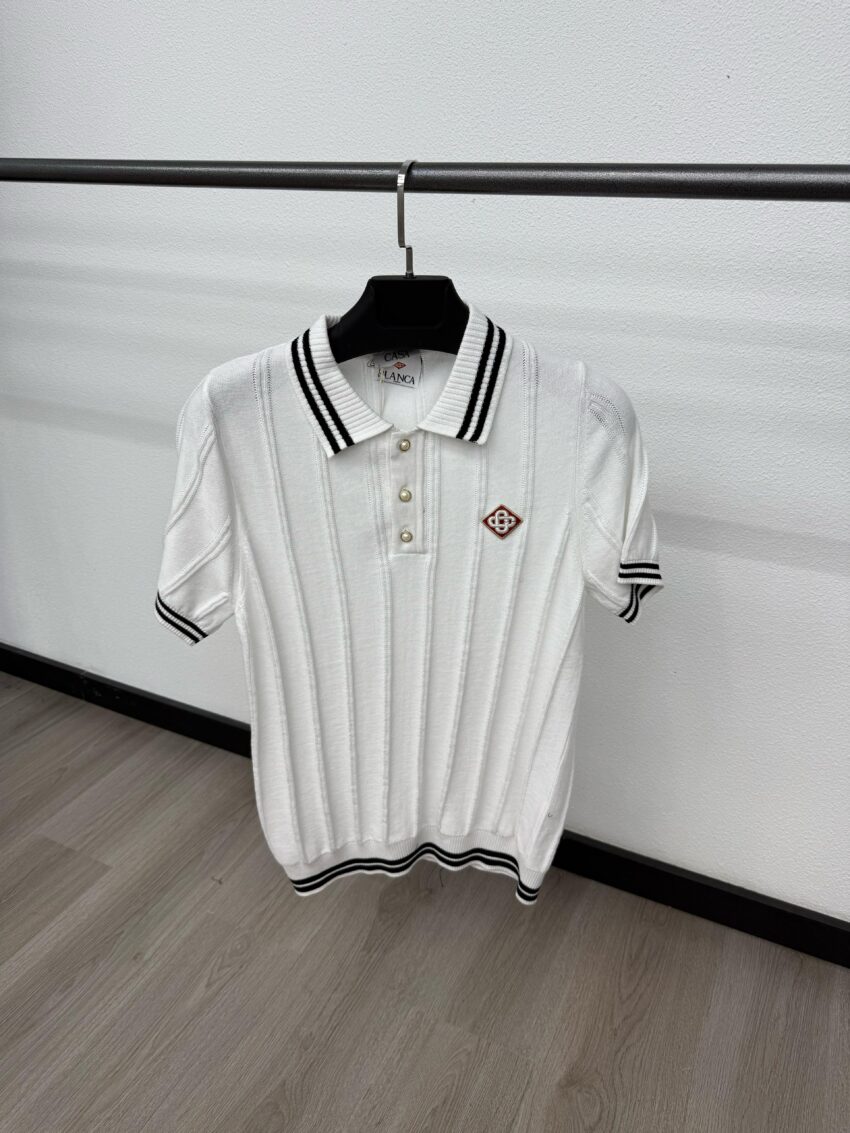 Casablanca Polo Small Logo White Kraag Zwarte lijnen Brei