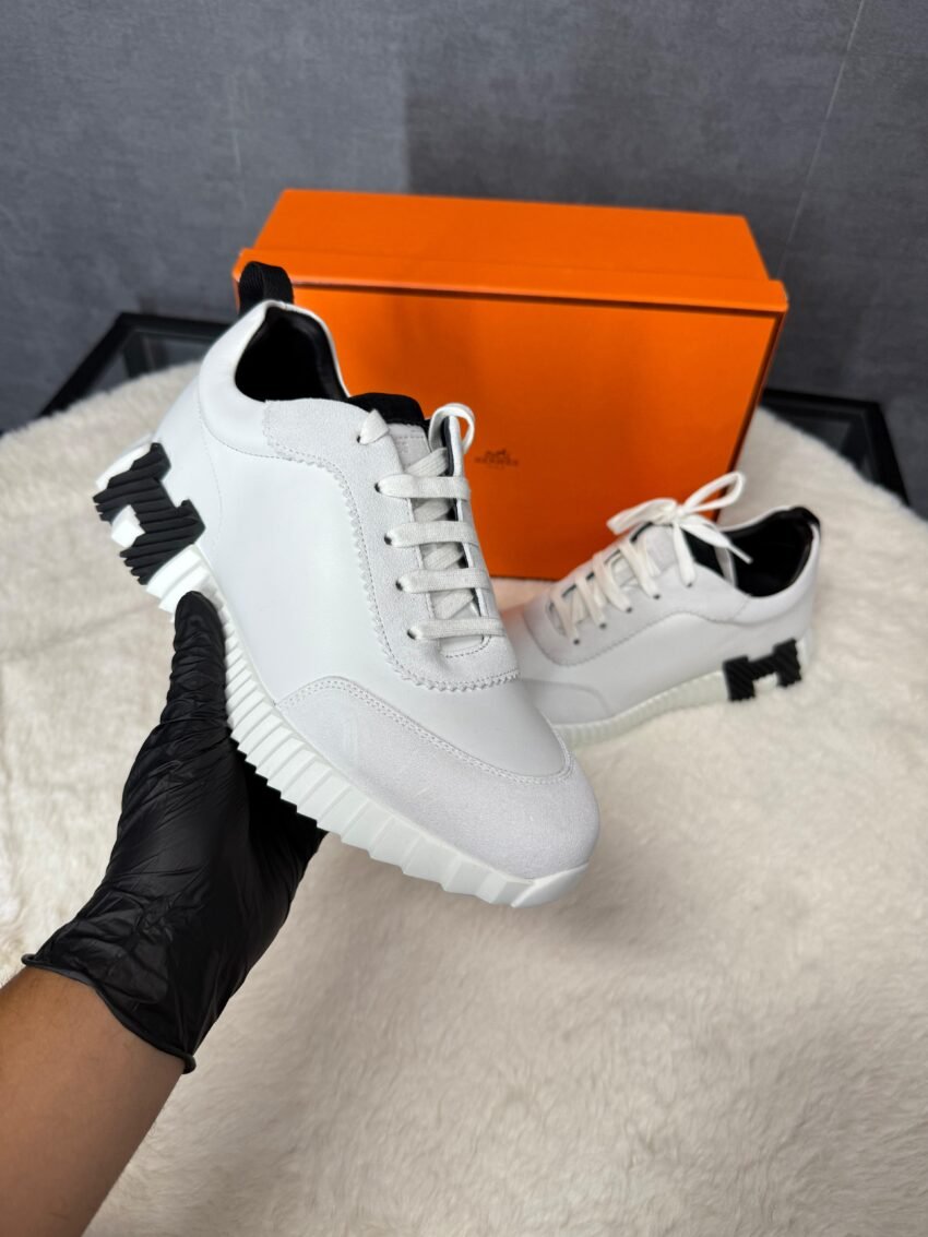 Hermes Bouncing Sneakers White Leather, Black Logo