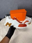 Hermes Bouncing Sneakers White Orange, Brown Logo